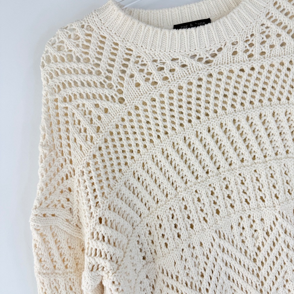 rag & bone Renee Crewneck Sweater Womens Small Ivory Open Weave Pointelle Cotton - Picture 5 of 10